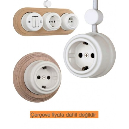 Porselen Yuvarlak Priz ,Sıva Üstü, Beyaz